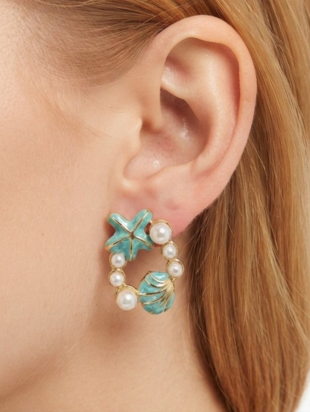 Pearl Turquoise Shell Stud Earrings Golden Preppy Summer Vacation Feminine